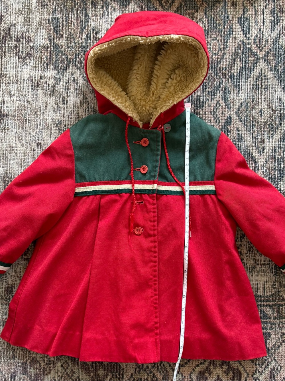 Vintage London Fog Sherpa Lined Hooded Girls Size 2 Coat Red, Green And Cream